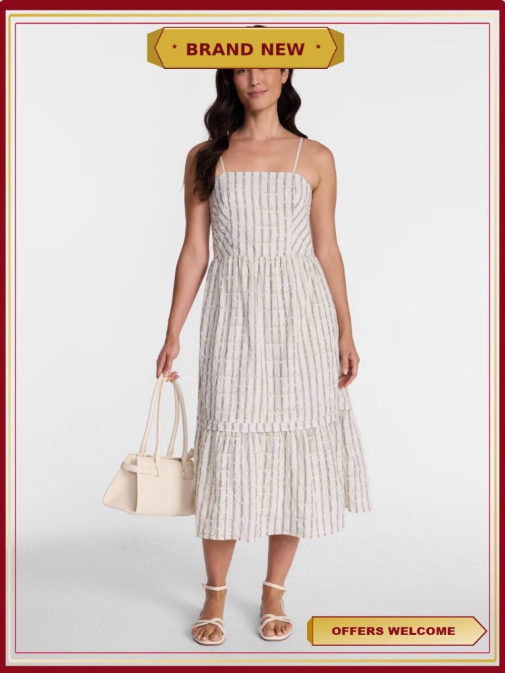 Womens Sleeveless Eyelet Cotton Midi Dress Fit Flare Ruffle Hem Pockets